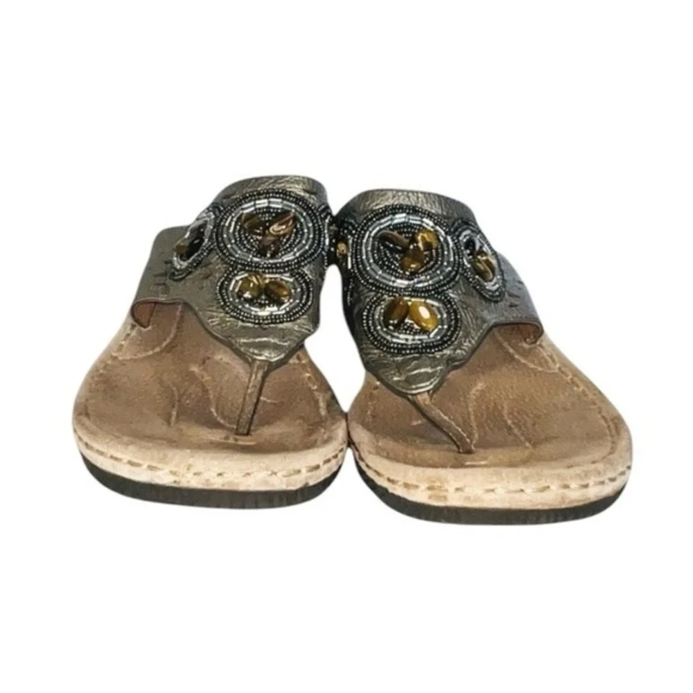 4/$40 Clarks‎ Brown & Black Decorative Elements Leather Thong Flip-flop Sandals